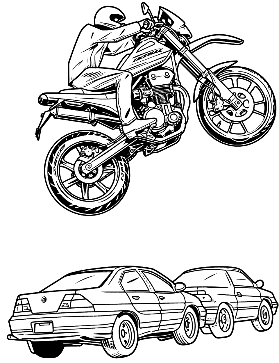 Stunt Motorcycle Jump Coloring Page - A motorcycle performing a stunt jump over cars lined up.
