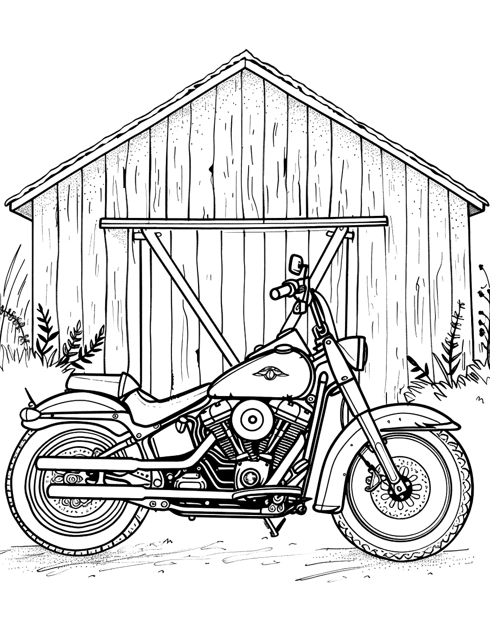 Rustic Barn and Motorcycle Coloring Page - A classic motorcycle parked outside a rustic barn in the countryside.