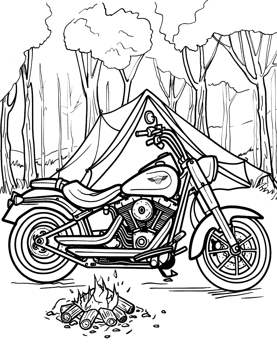 Motorcycle Camping Trip Coloring Page - A motorcycle parked at a campsite, with a tent and campfire nearby.
