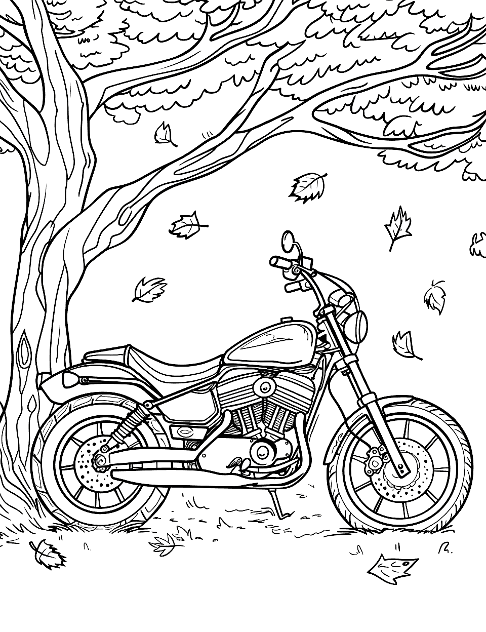 Motorcycle and Autumn Leaves Coloring Page - A motorcycle parked under a tree with autumn leaves falling around.
