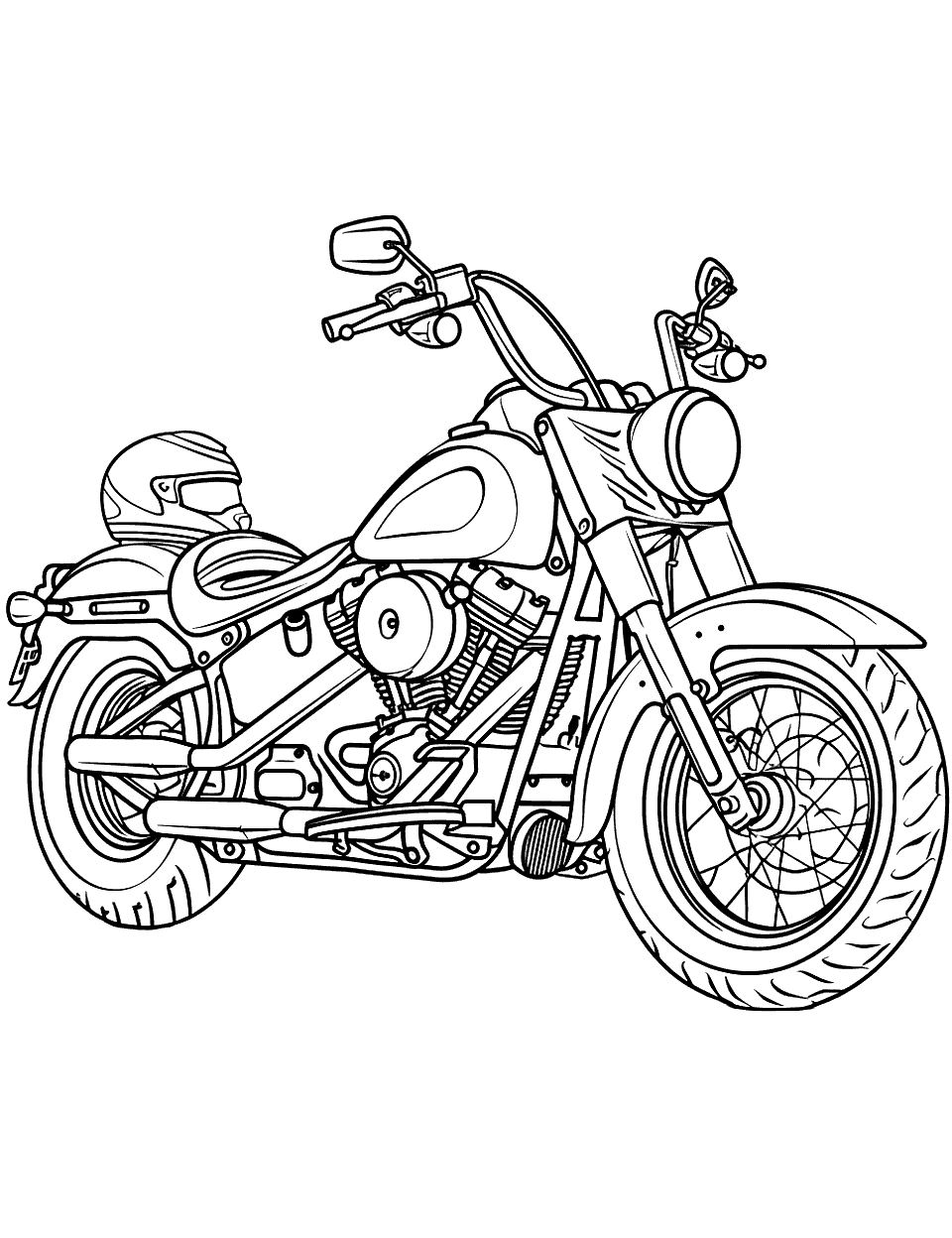 Classic Harley Davidson Motorcycle Coloring Page - A Harley Davidson motorcycle parked with a helmet resting on the seat.