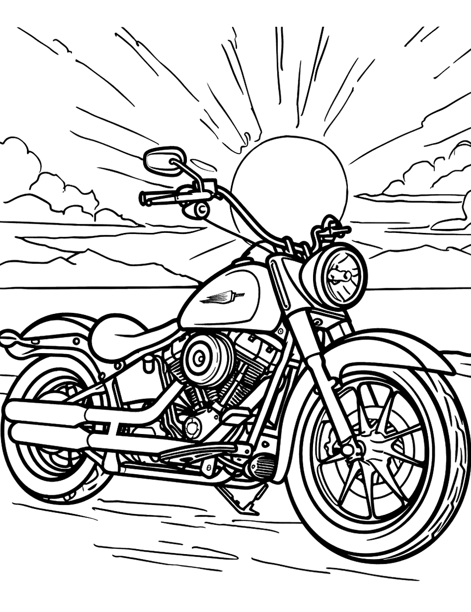 Motorcycle and Sunrise Coloring Page - A motorcycle parked with a beautiful sunrise in the background.
