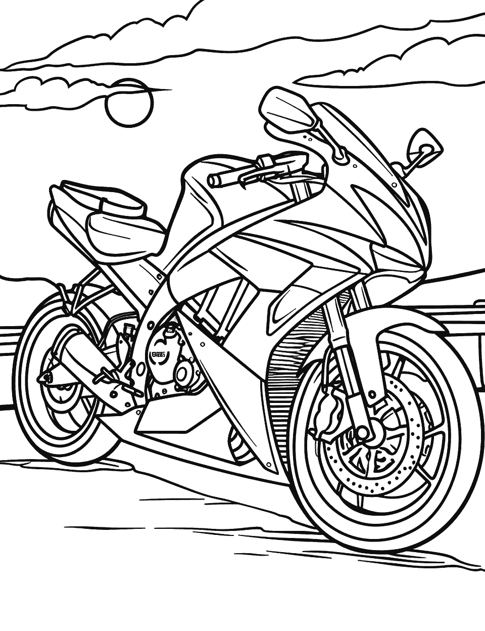 Sport Bike at Rest Motorcycle Coloring Page - A sleek sport bike parked with the sun in the background.