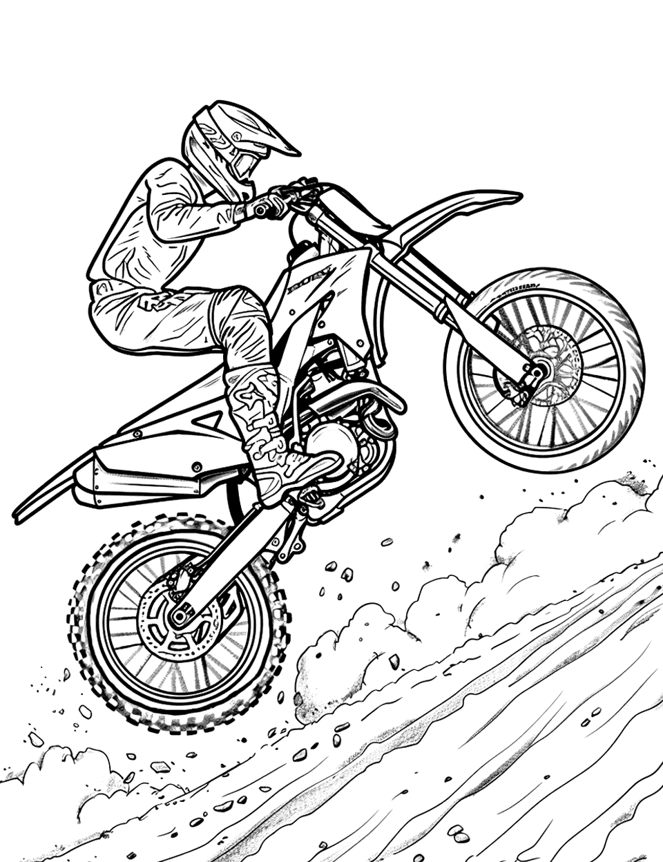 Motocross Jump Motorcycle Coloring Page - A motocross rider in mid-air over a large dirt jump, with a cloud of dust behind.