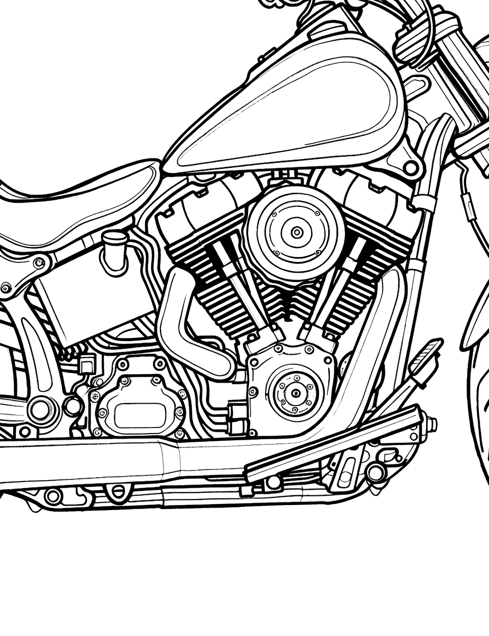 Detailed Motorcycle Engine Coloring Page - A close-up view of a detailed motorcycle engine for older kids to color.