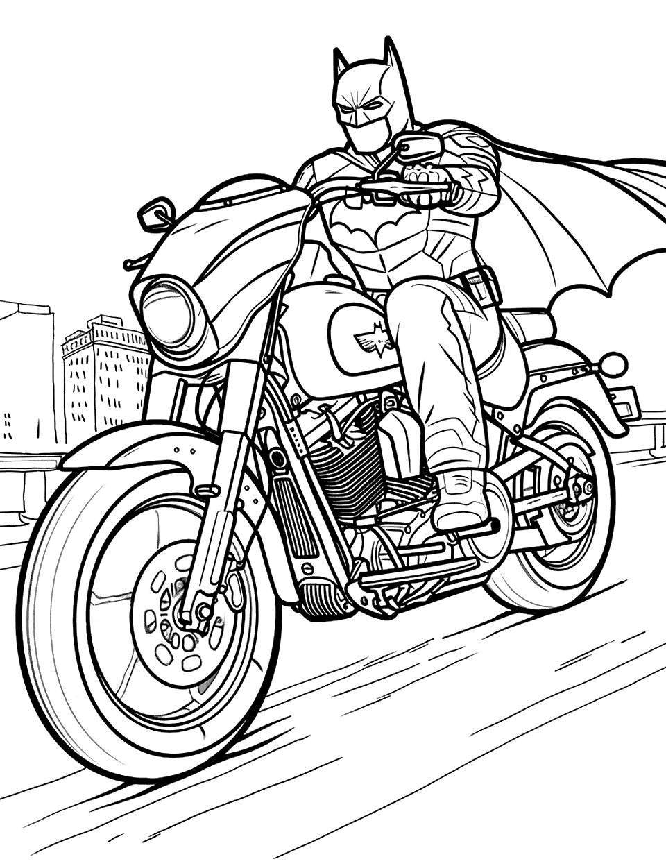 Batman on Motorcycle Coloring Page - Batman riding his motorcycle through Gotham City at night.