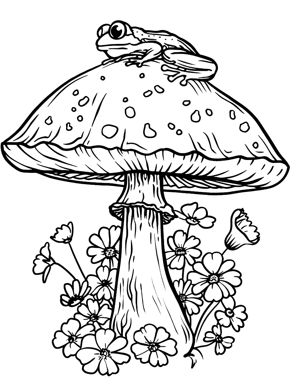 Frog Sitting on a Mushroom Coloring Page - A frog perches atop a large mushroom, surrounded by small flowers.