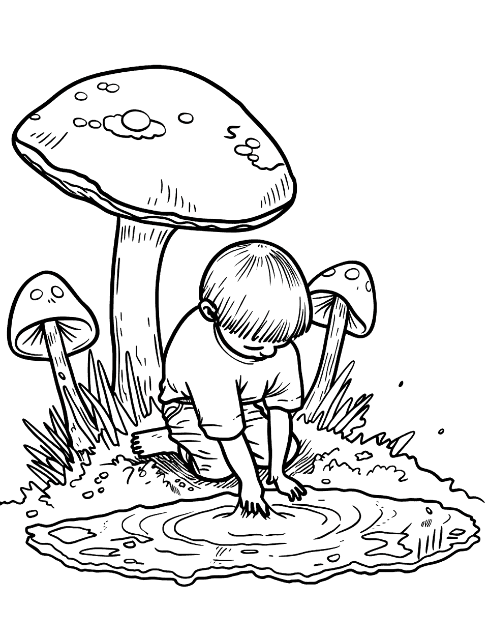 Playing in the Mud Mushroom Coloring Page - A child playing with mud and mushrooms growing nearby.