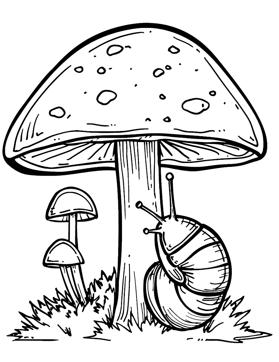 Mushroom and Snail Coloring Page - A snail slowly crawls up the side of a mushroom.