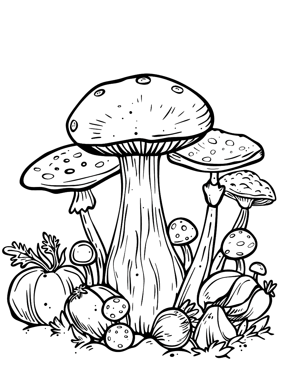 Vegetable Garden with Mushrooms Mushroom Coloring Page - A variety of vegetables and a few mushrooms growing in a garden bed.