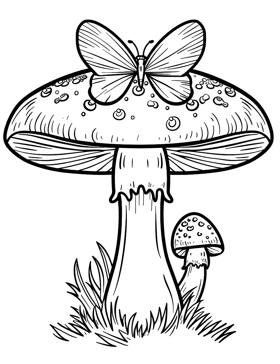 Simple Butterfly on Mushroom Coloring Page - A simple scene of a butterfly resting on a mushroom cap.