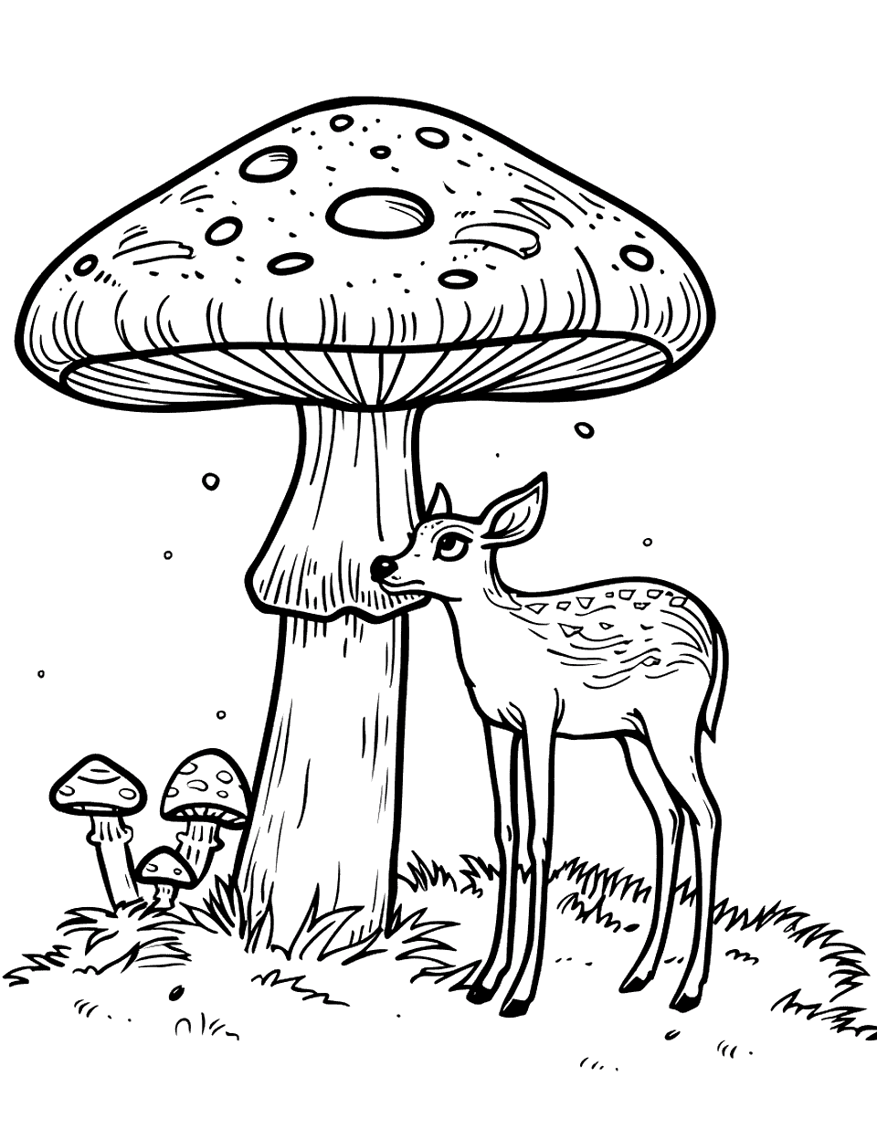 Forest Animals and a Mushroom Coloring Page - A single forest animal, like a deer, standing near a large mushroom.