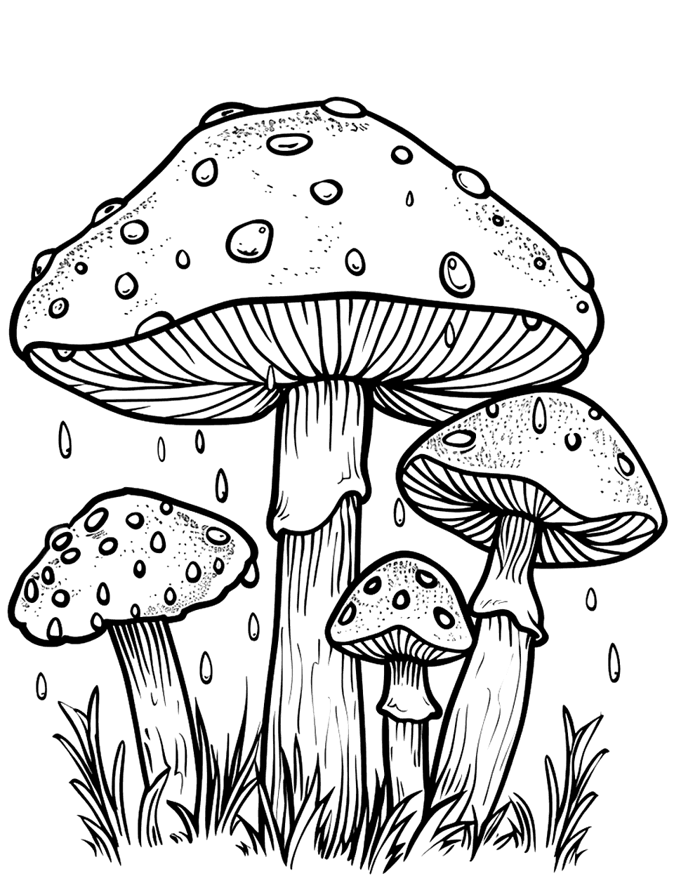 Rain Drops on Mushrooms Mushroom Coloring Page - Mushrooms of various shapes with raindrops glistening on their caps.