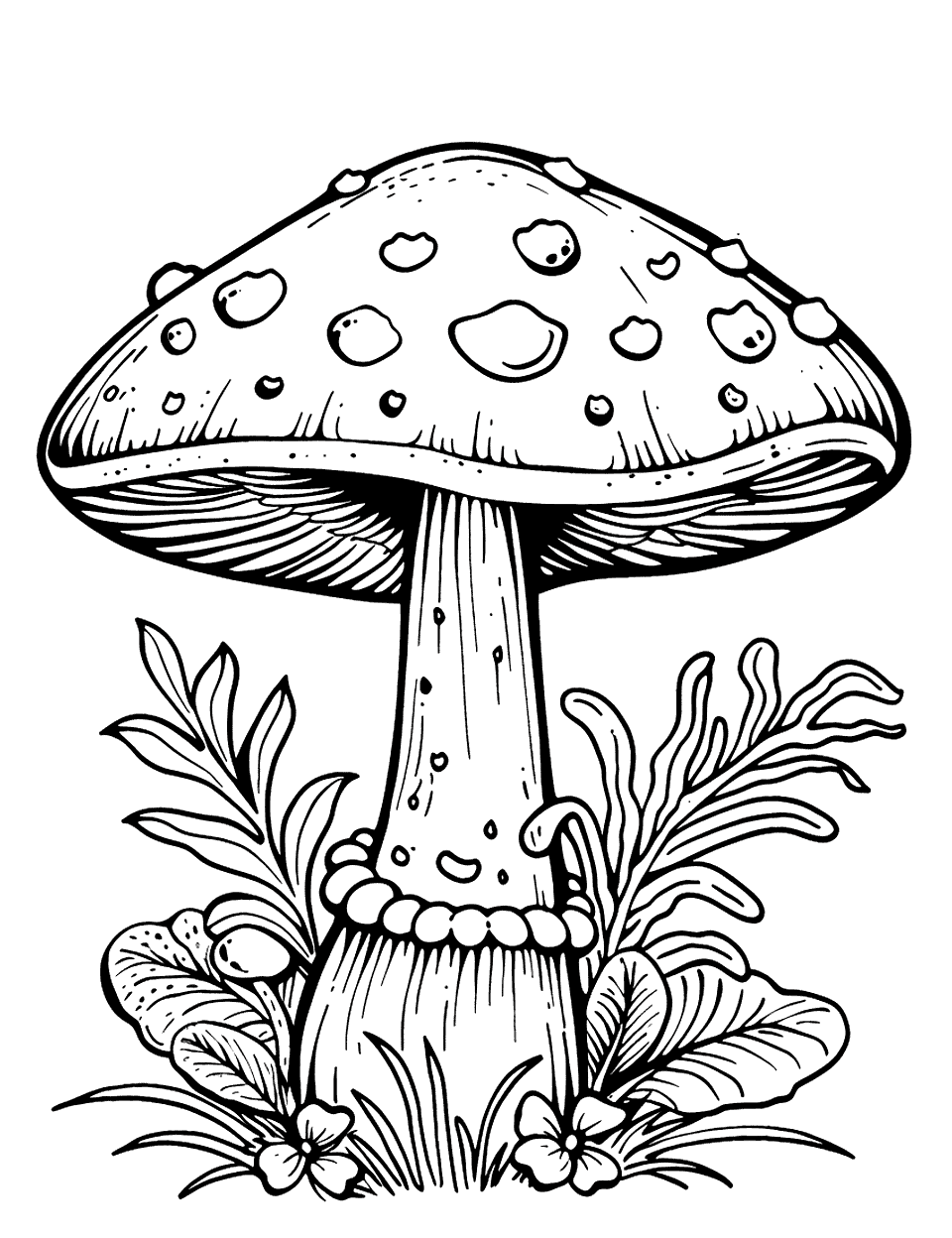 Mushroom and Ferns Coloring Page - A mushroom surrounded by lush ferns and small flowers.