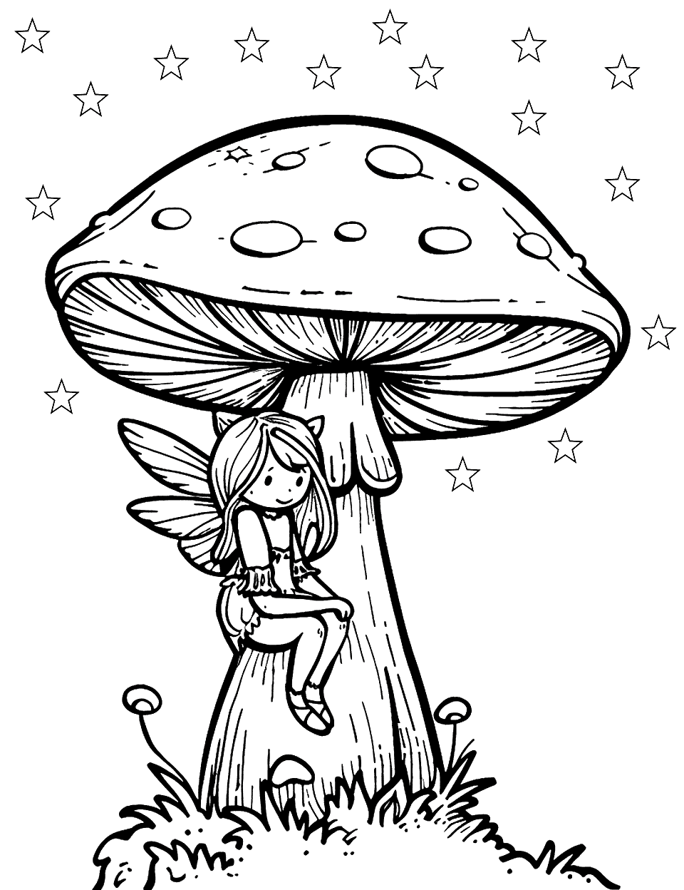 Fairy Sitting on a Mushroom Coloring Page - A small fairy rests on a mushroom cap, with twinkling stars above.