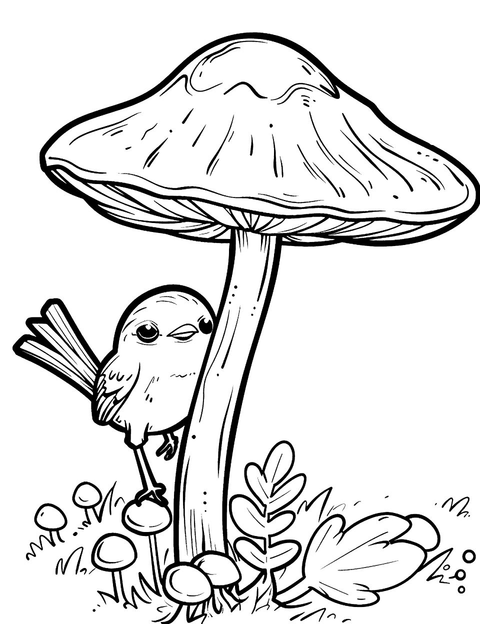 Bird Pecking at a Mushroom Coloring Page - A small bird pecking at a mushroom stock.