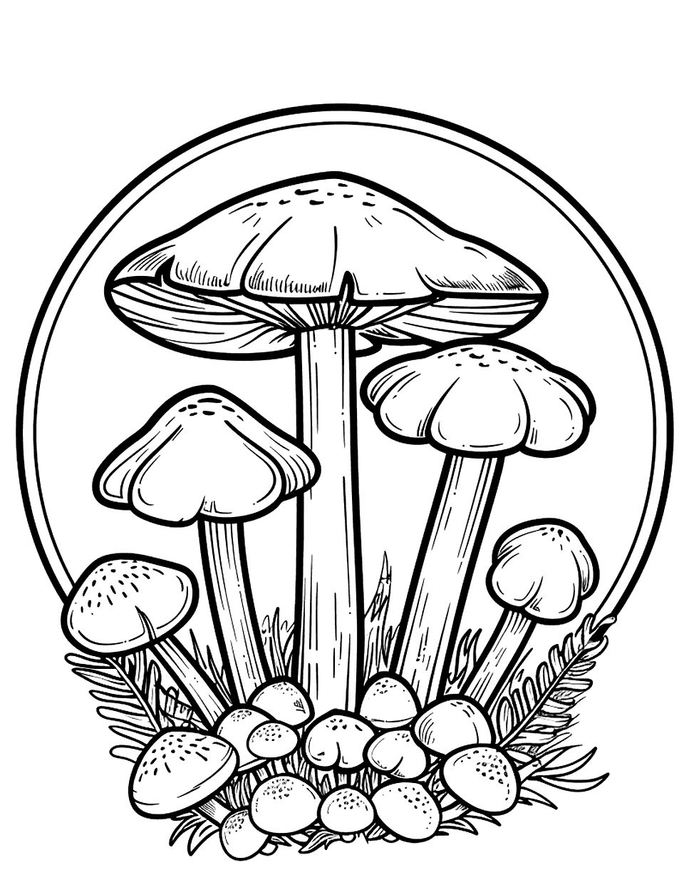 Mushroom Ring in a Meadow Coloring Page - A fairy ring of mushrooms set in a wide, open meadow.