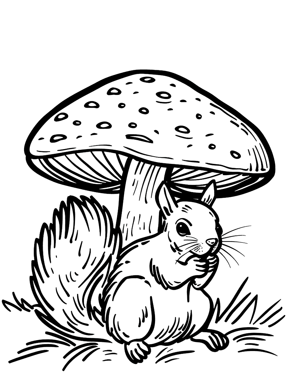 Squirrel and a Mushroom Coloring Page - A squirrel taking shelter under a large mushroom.