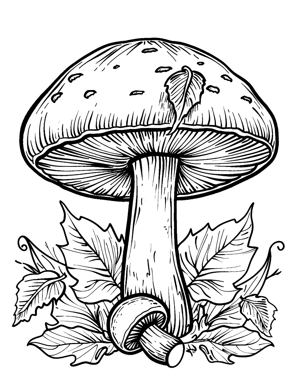 Aesthetic Mushroom and Leaves Coloring Page - A beautifully shaped mushroom surrounded by fallen autumn leaves.