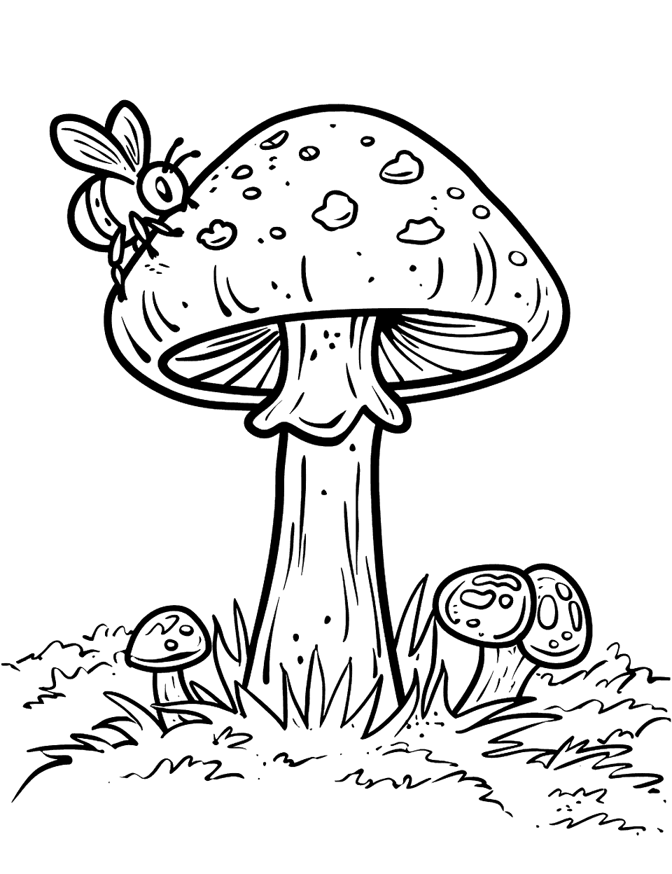 Bee Landing on a Mushroom Coloring Page - A bee lands delicately on the edge of a mushroom cap.