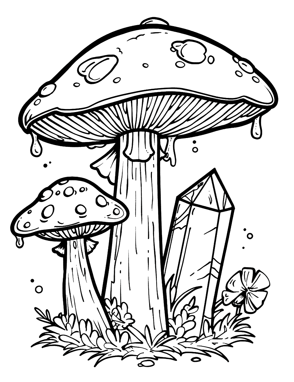Magical Mushrooms and Crystals Mushroom Coloring Page - Mushroom growing next to a large, shimmering crystals in the forest.