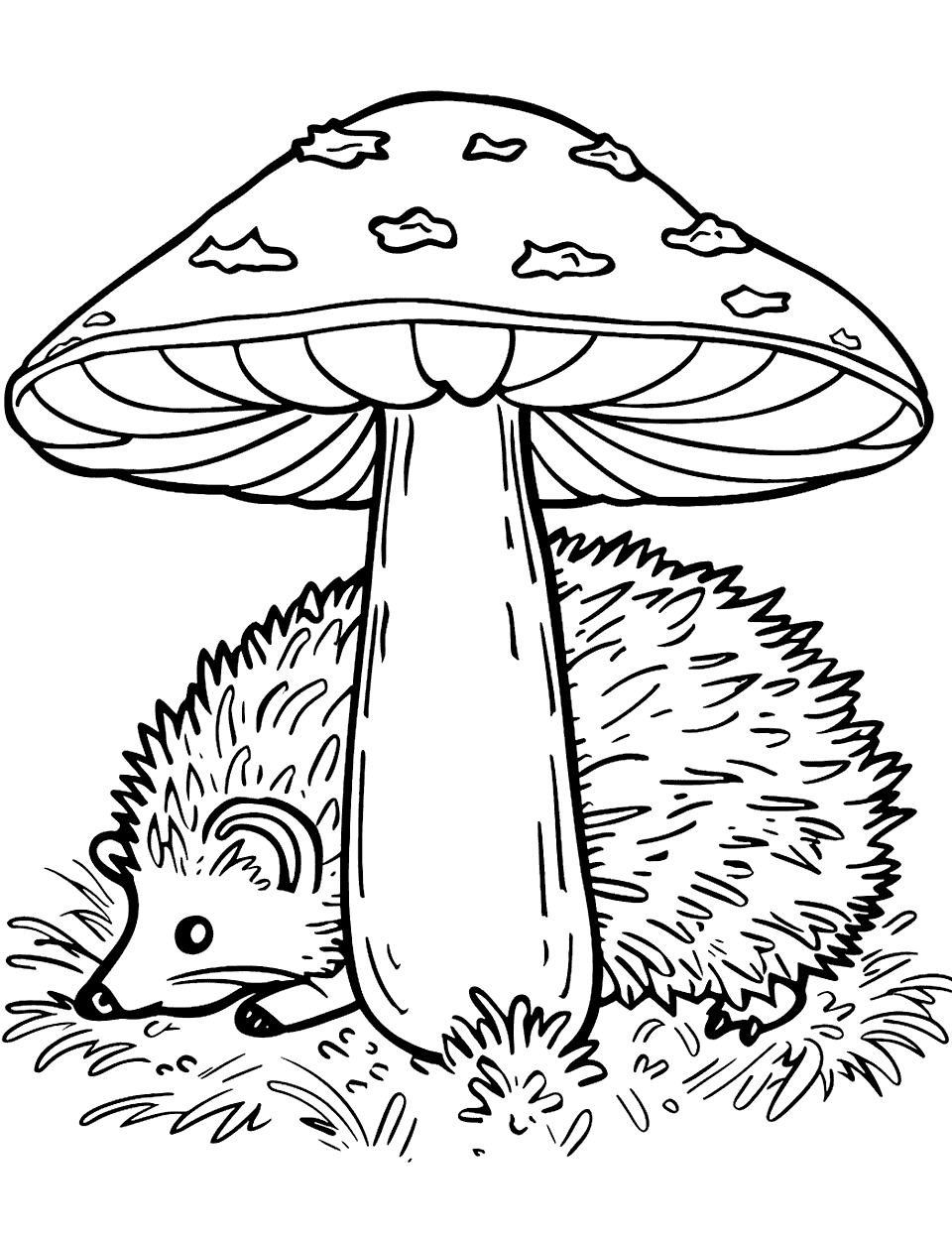 Hedgehog by a Mushroom Coloring Page - A hedgehog curls up next to a mushroom for shelter.