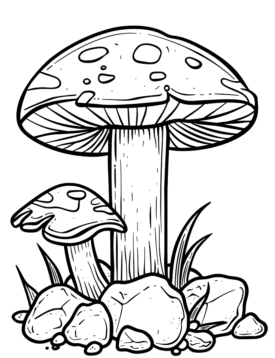 Easy Mushroom and Rocks Coloring Page - A simple scene with a mushroom growing among small, easy-to-color rocks.