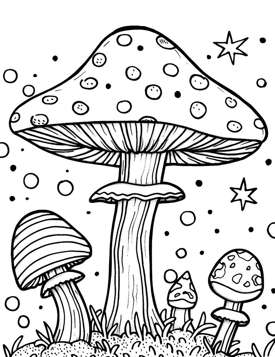 Starry Night and Mushrooms Mushroom Coloring Page - Mushrooms under a sky full of stars, providing a fantasy night scene.