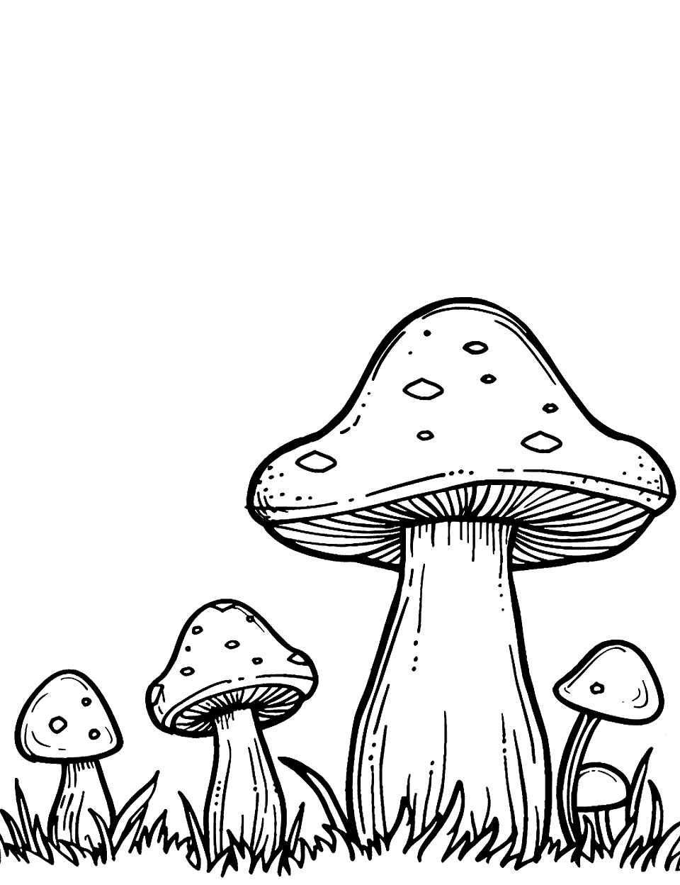Simple Mushroom Landscape Coloring Page - Several plain mushrooms of different sizes in a line, with minimal grass around them.