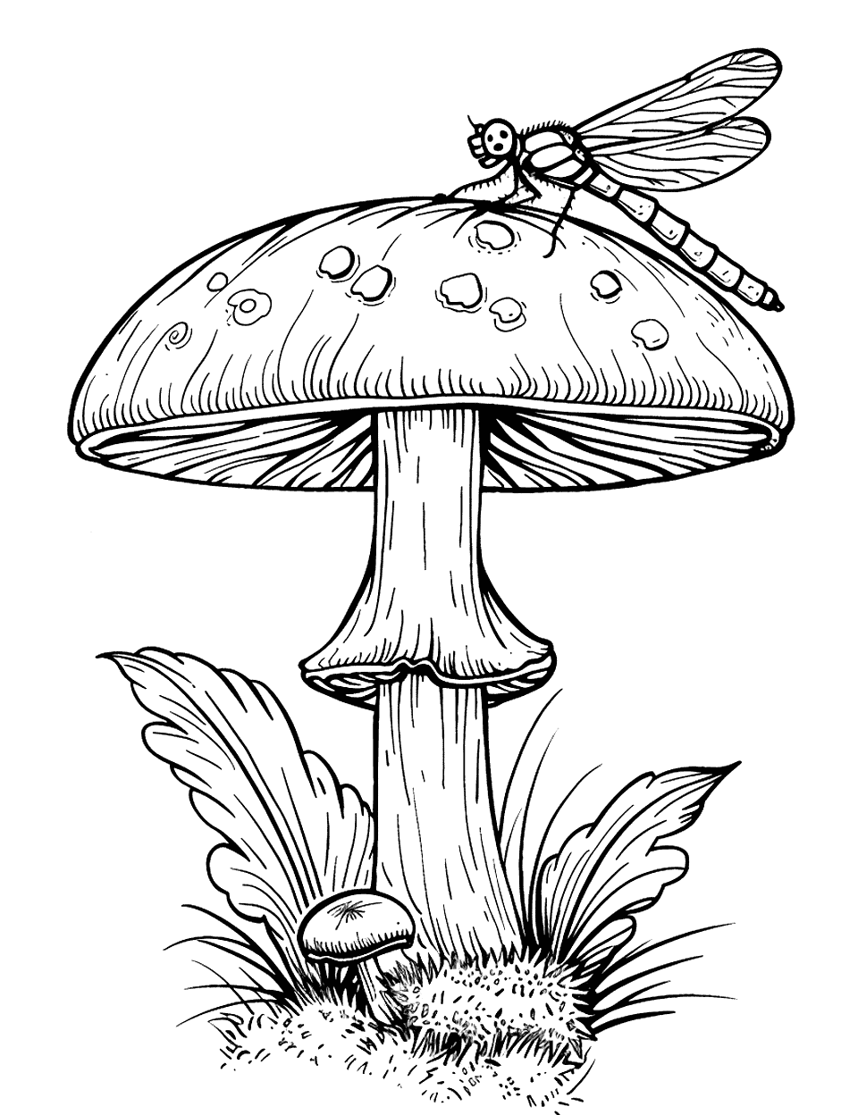 Mushroom and Dragonfly Coloring Page - A dragonfly perches on the edge of a mushroom, its wings spread.