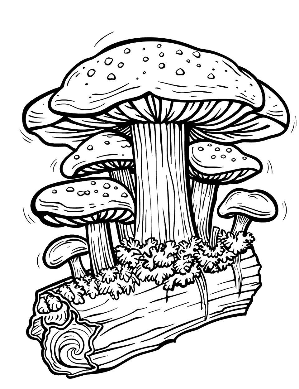 Fungi Collection on a Log Mushroom Coloring Page - Different types of fungi, including mushrooms, growing on an old log.
