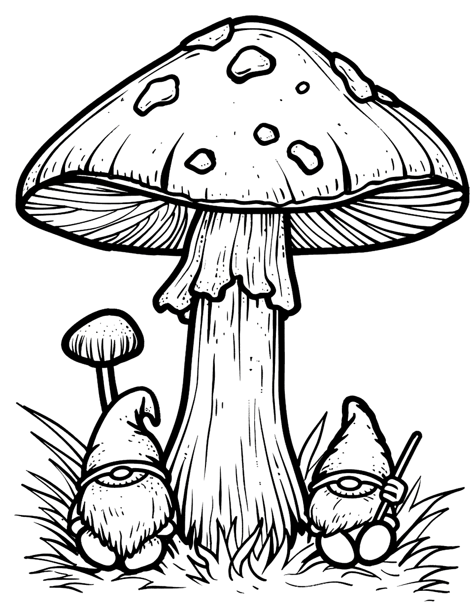 Toadstool and Gnomes Mushroom Coloring Page - A classic toadstool mushroom with small gnomes beside it.