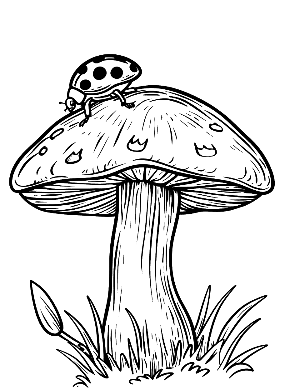 Mushroom and Ladybug Coloring Page - A ladybug on a mushroom, its back contrasting with the mushroom.