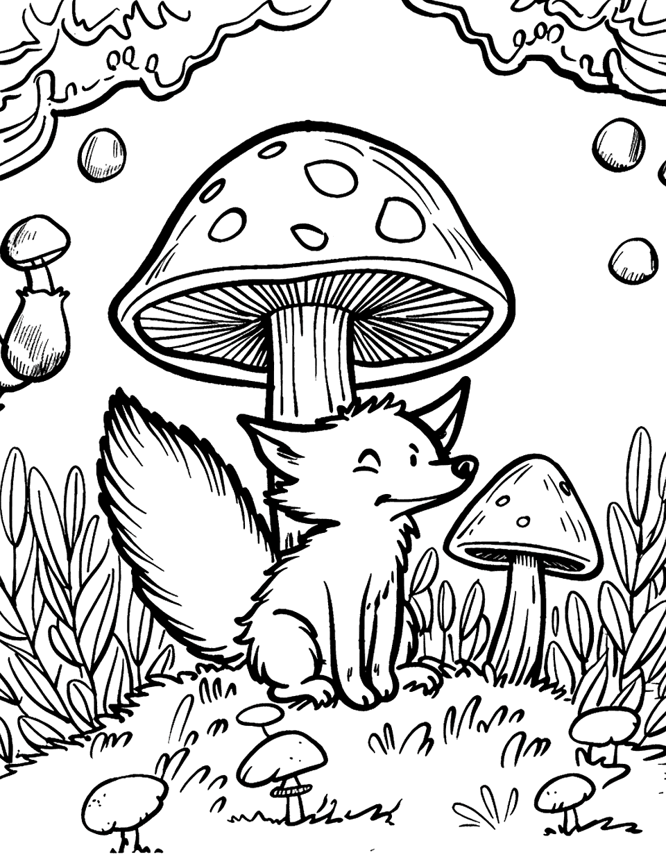 Baby Fox Near Mushroom Patch Coloring Page - A baby fox in the midst of a patch of mushrooms in the forest.