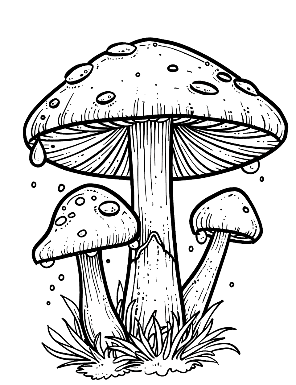 Mushroom and Water Droplets Coloring Page - Water droplets hang delicately from the edges of mushroom caps.