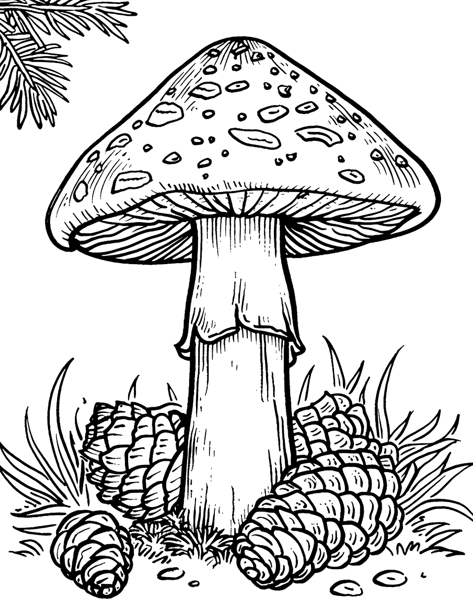 Mushroom and Pine Cones Coloring Page - A mushroom grows near scattered pine cones.