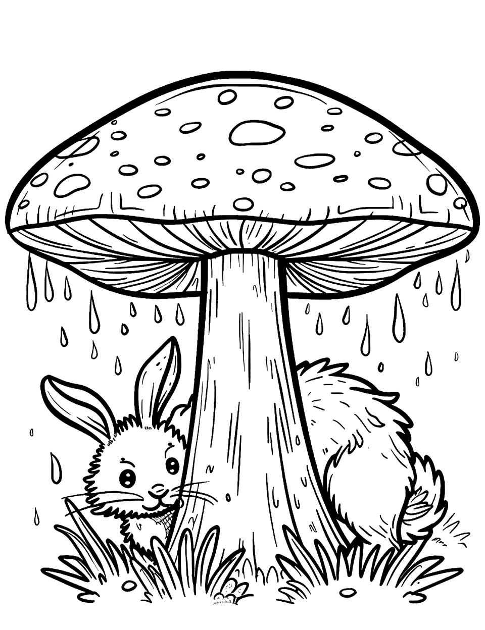 Rabbit Hiding Under a Mushroom Coloring Page - A rabbit takes shelter under a large mushroom during a light rain.