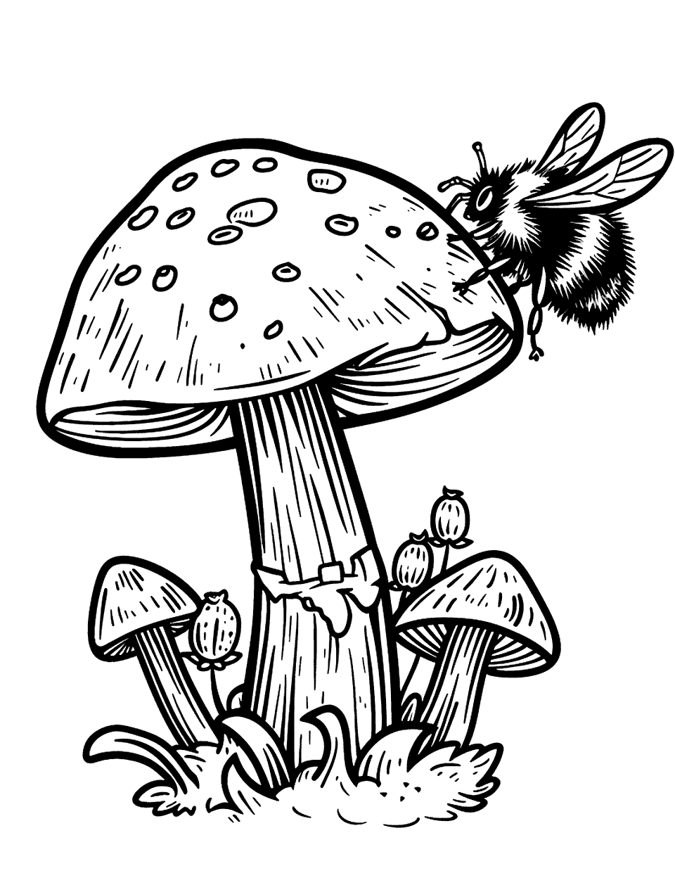 Bumblebee and Mushroom Coloring Page - A bumblebee on top of a mushroom, collecting pollen.