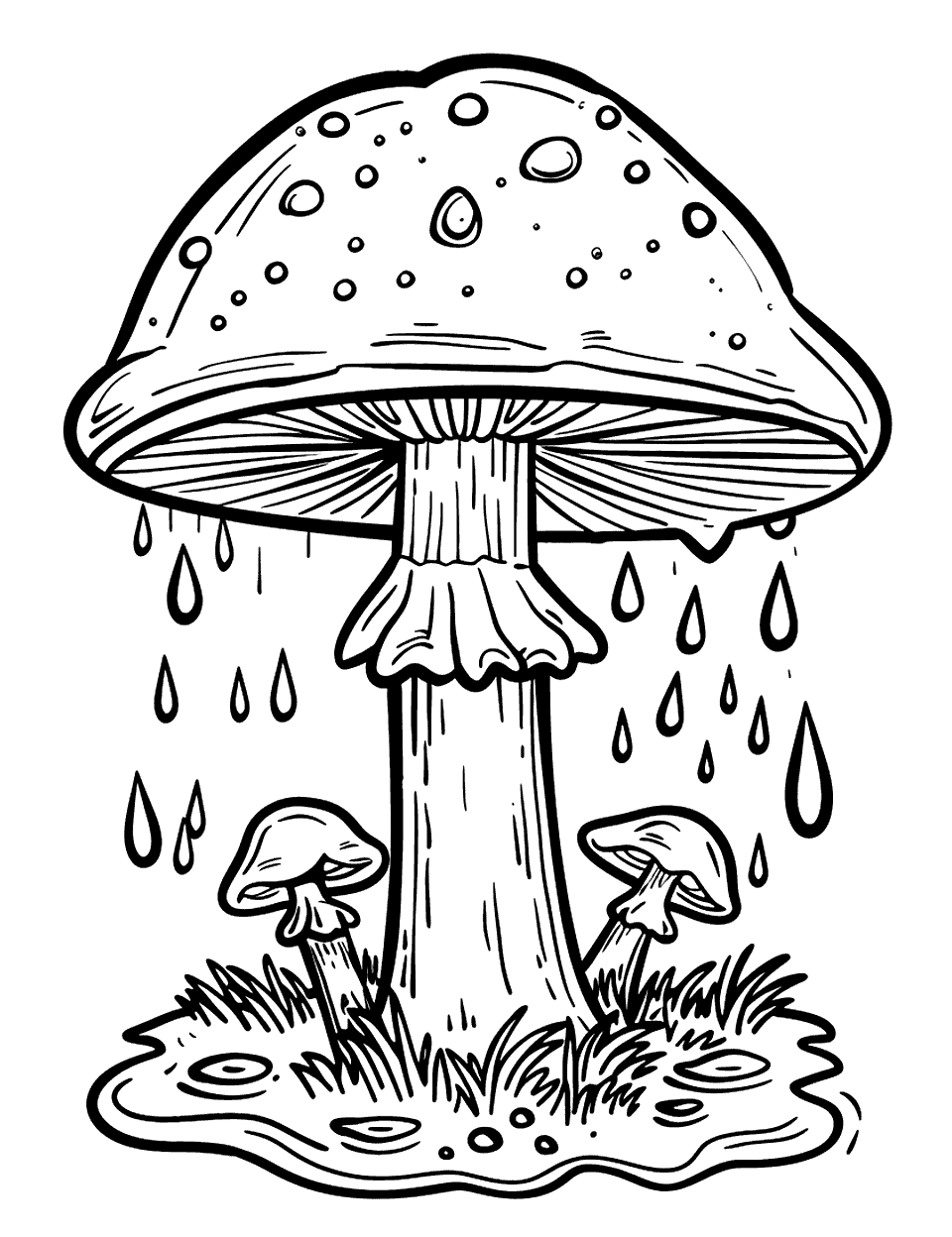 Rainy Mushroom Scene Coloring Page - A large mushroom under which raindrops are falling, with puddles forming around.
