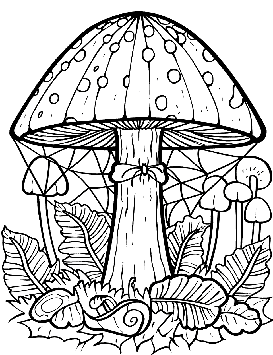 Mushroom and Spider Web Coloring Page - A spider web stretches between a mushroom and nearby foliage.