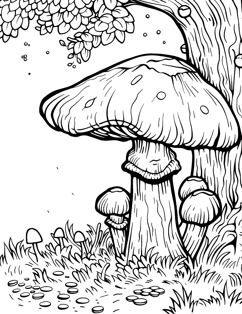 Cool Shaded Mushroom Scene Coloring Page - Mushrooms grow in the cool shade of a large tree.