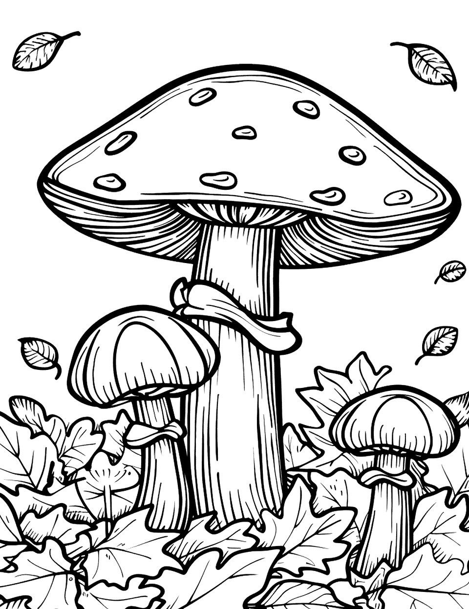 Fungi and Fallen Leaves Mushroom Coloring Page - Mushrooms peek out among a carpet of fallen leaves.