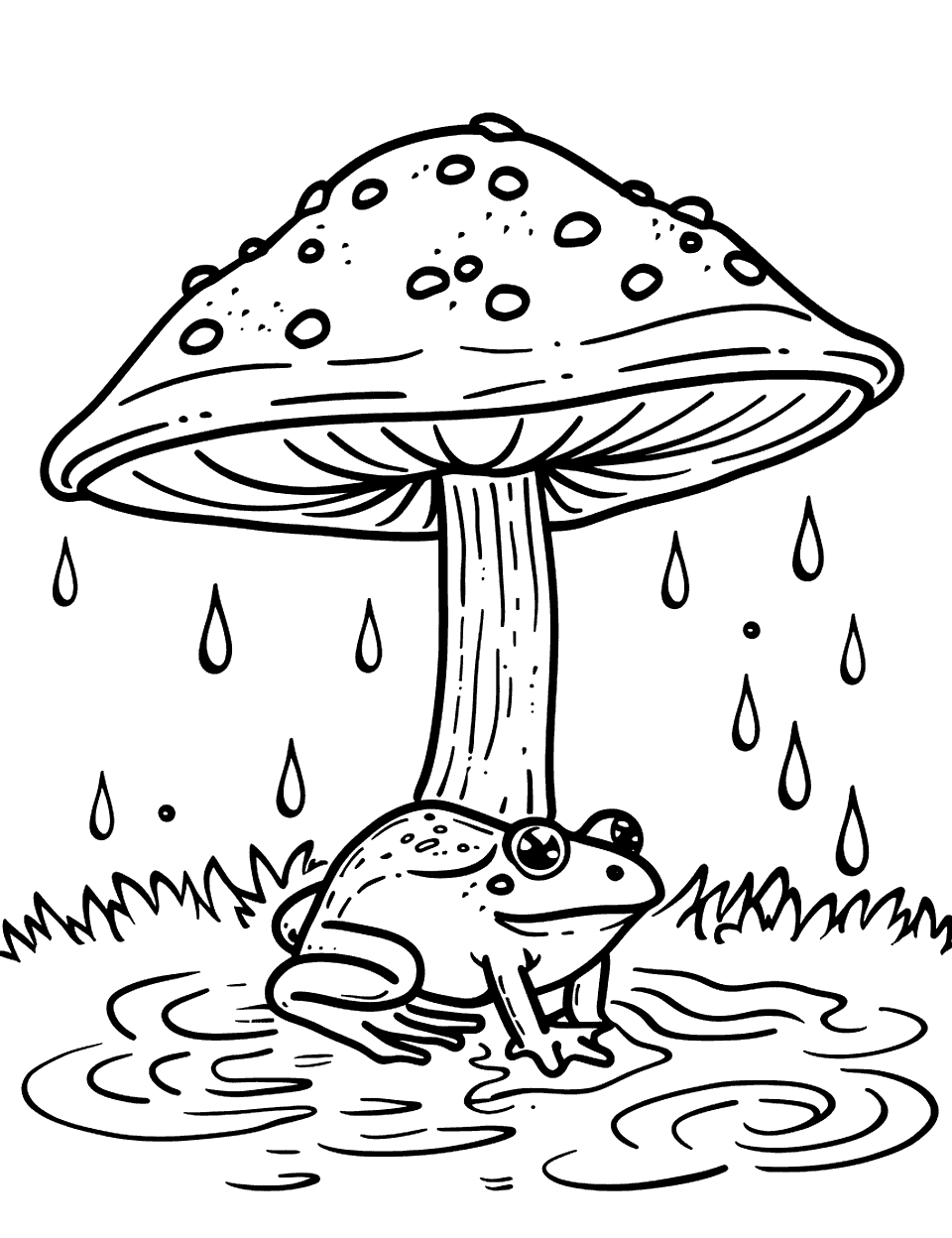 Frog and Mushroom in the Rain Coloring Page - A frog sits on a mushroom while raindrops create ripples in puddles around.