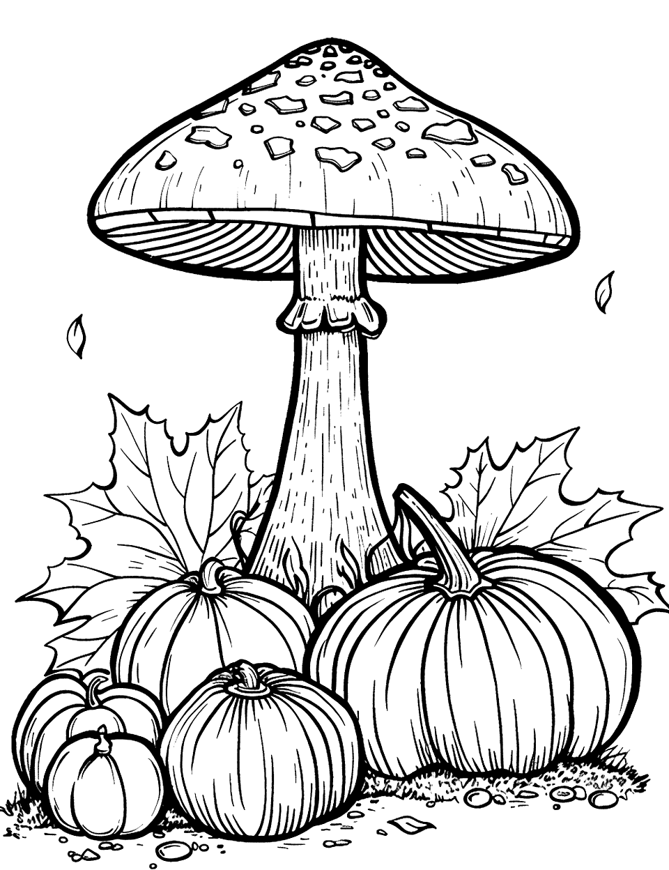 Huge Mushroom and Harvest Vegetables Coloring Page - A scene with a huge mushroom amid pumpkins on the ground.