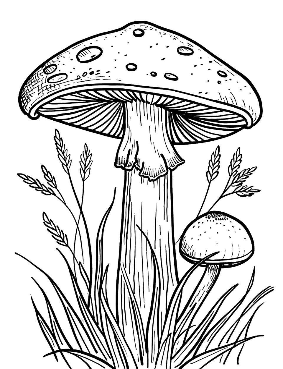 Tall Grass and Mushrooms Mushroom Coloring Page - Mushrooms stand tall among wispy strands of grass.