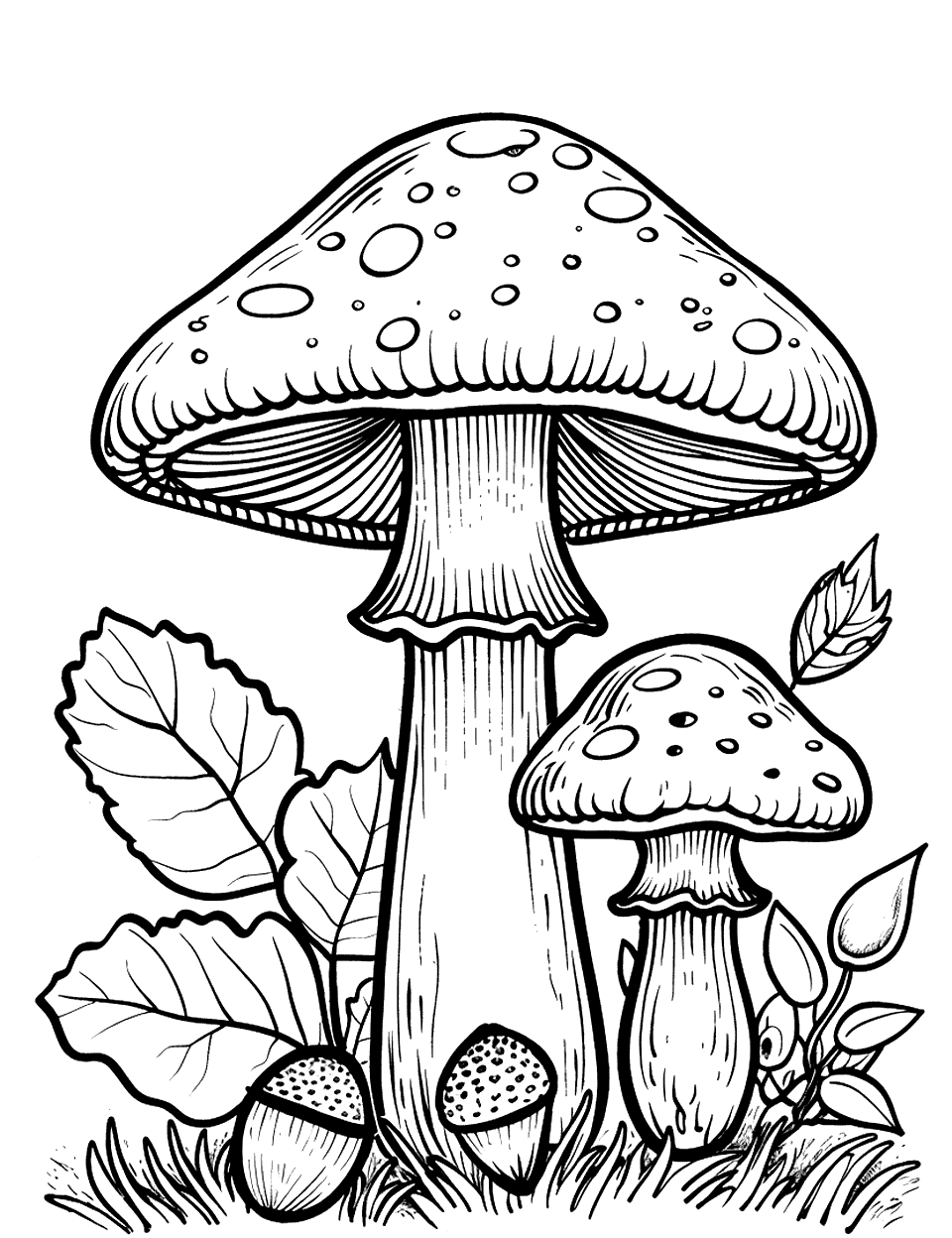 Autumn Mushrooms and Acorns Mushroom Coloring Page - Mushrooms mixed with acorns and autumn leaves on the forest floor.