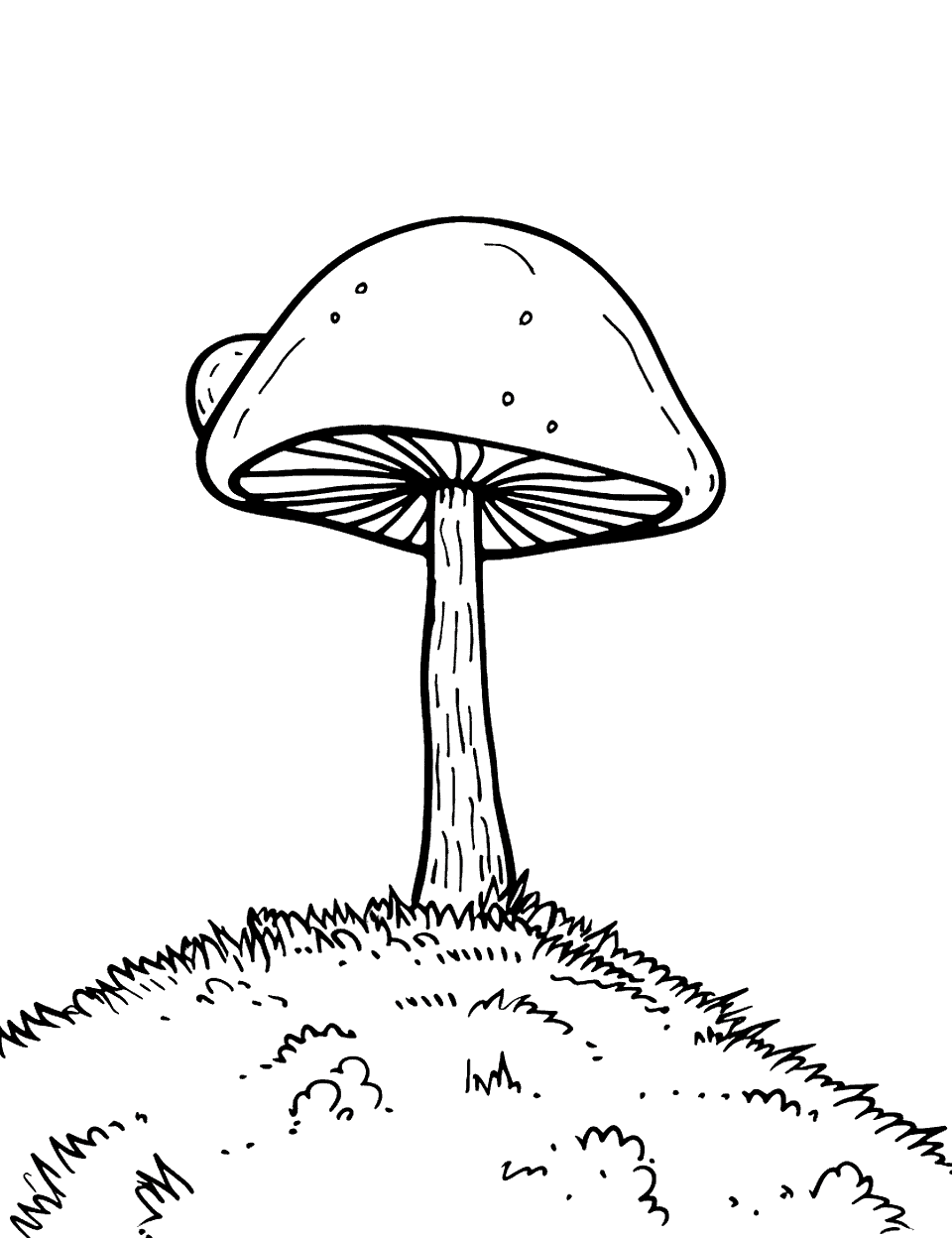 Lone Mushroom on a Hill Coloring Page - A single mushroom stands on a small hill under a clear sky.