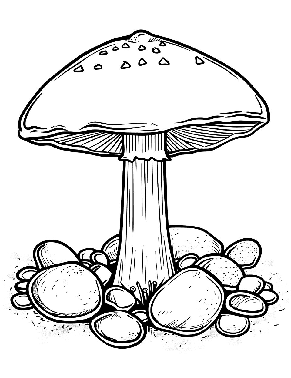 Mushroom and Pebbles Coloring Page - A simple scene featuring a mushroom growing amongst smooth river pebbles.