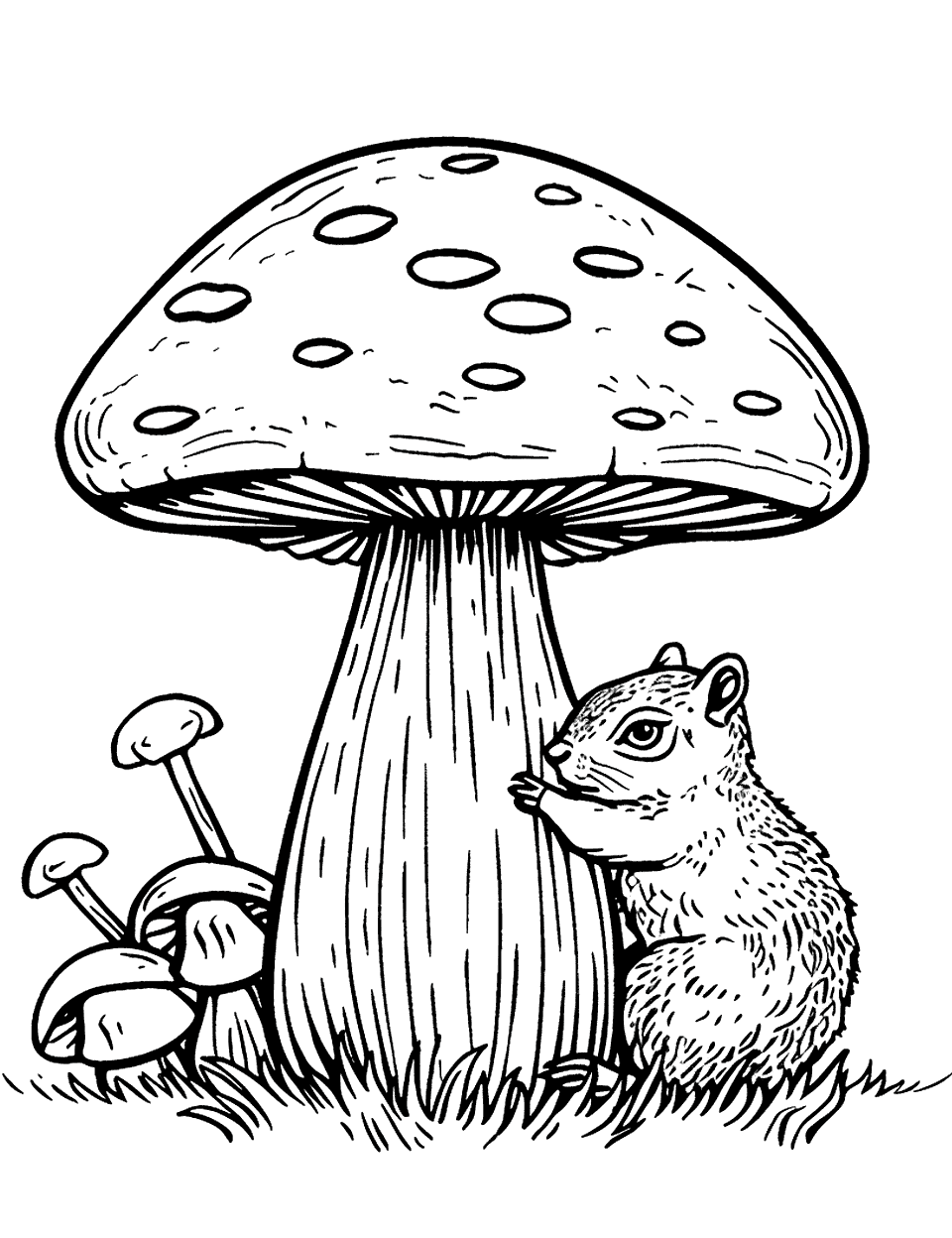 Squirrel and a Giant Mushroom Coloring Page - A squirrel stands on its hind legs to reach a giant mushroom.