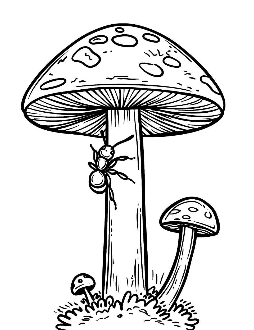 Ant Climbing a Mushroom Coloring Page - An ant struggles up the stalk of a tall mushroom.